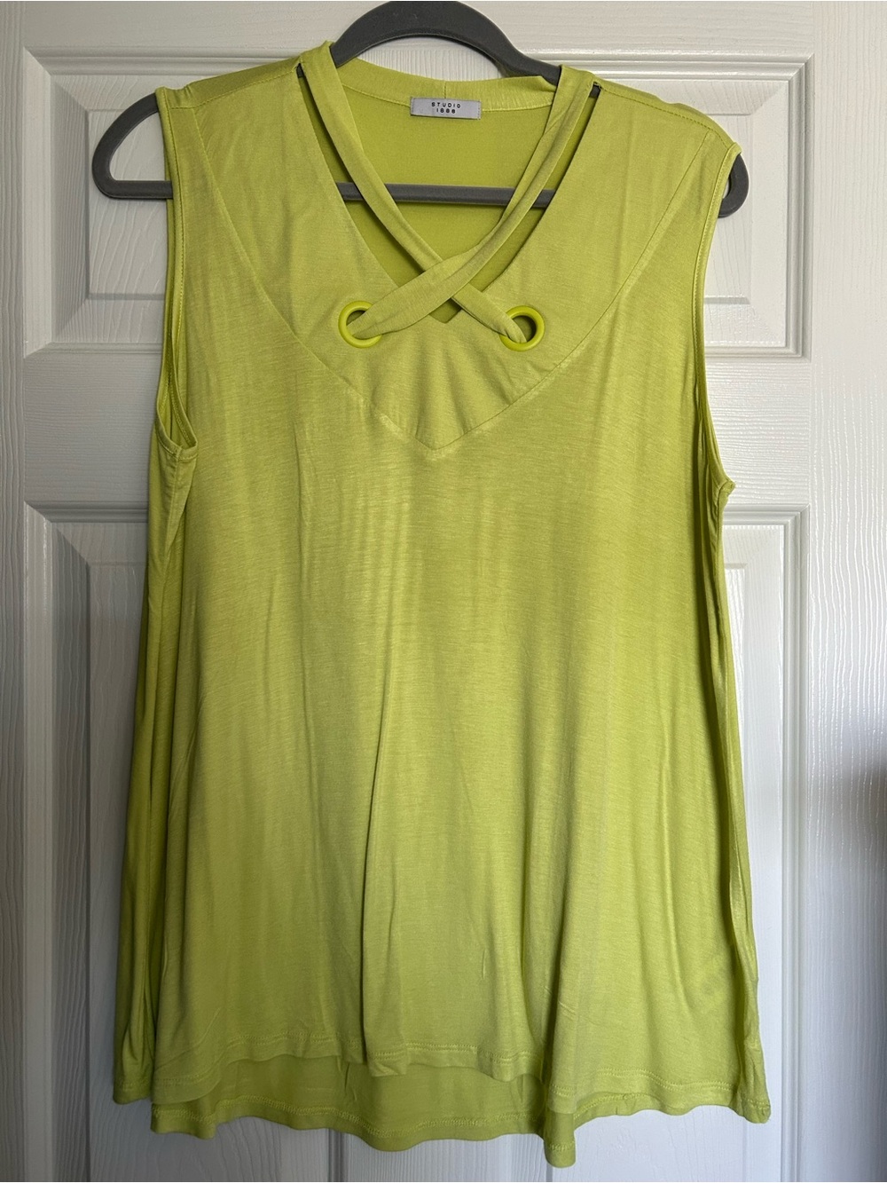 Studio Lime Green Sleeveless Tank with Crisscross Grommet Neckline